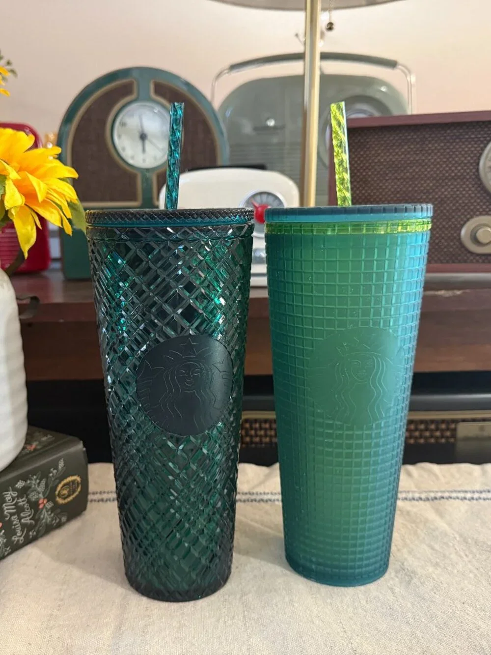 Starbucks Teal and emerald Green Textured Cold Cups with Straws Set of 2